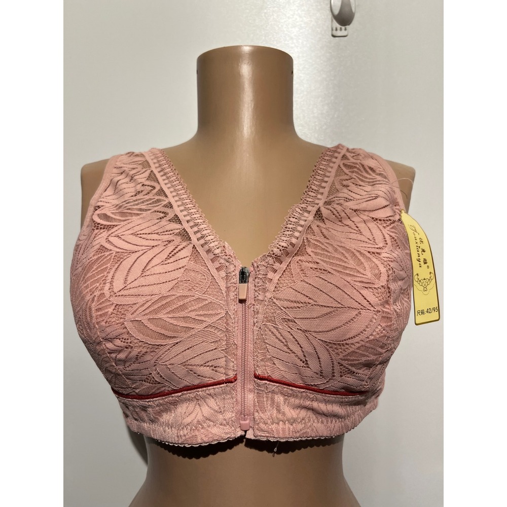 Youxianya Front Zip Lace Sports Bra Dusty Rose Leaf Pattern Size 42/95 NEW